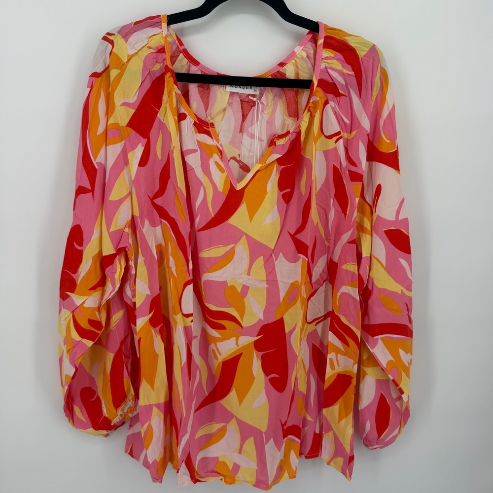 Emily Wonder Womens 2X Pink Orange Tropical Abstract Leaf Split Neck Blouse NEW
